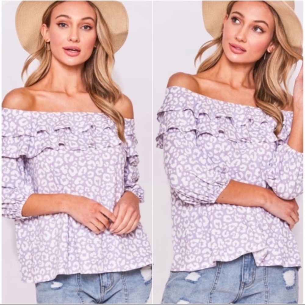 New Lavender White Leopard Print
Ruffle Spring Summer Women's Pretty Top